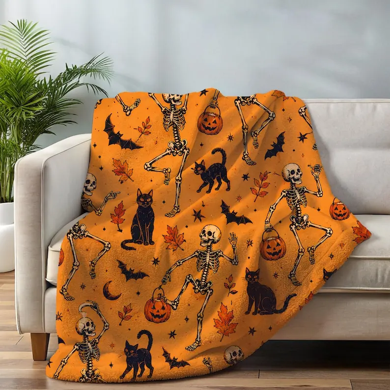 Halloween Skeleton Blanket, Dancing Skeletons Black Cat Pumpkin Blanket, Spooky Halloween Throw, Autumn Fall Blanket