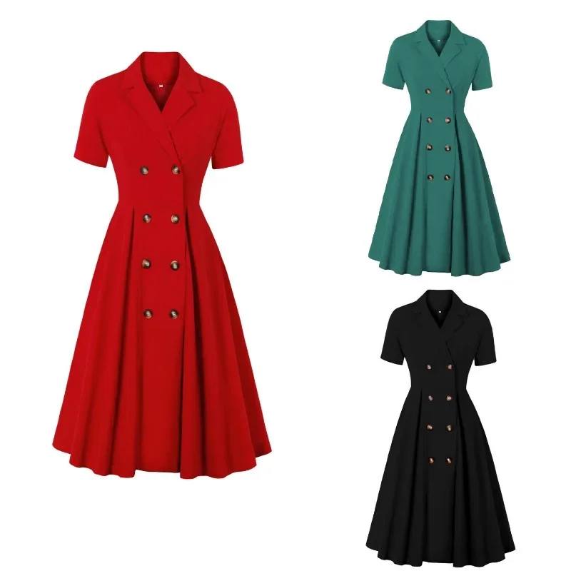 

Spring summer Double-breasted A-line Dress for Women Classic Retro Solid Color Short-sleeved Suit Collar Dresses Y2k Vestido 원피스