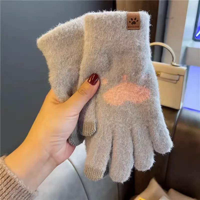 Women Cute Bear Caw Gloves Fluffy Plush Gloves Winter Full Finger Gloves Love Heart Thick Mittens Girls Warm TouchScreen Gloves