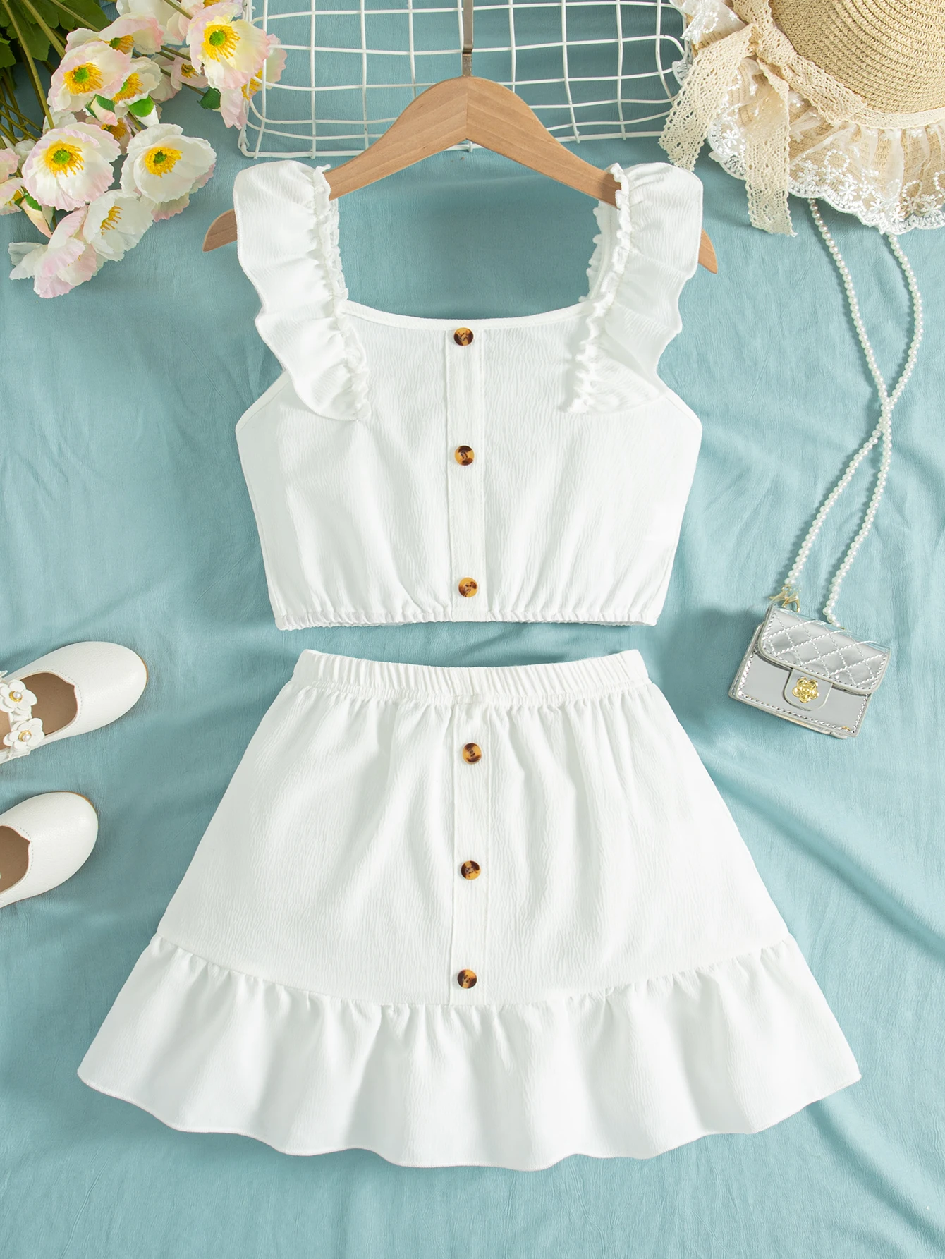 Youth summer daily leisure outing sleeveless wooden ear edge design fake button decoration blouse and skirt set two sets girls s