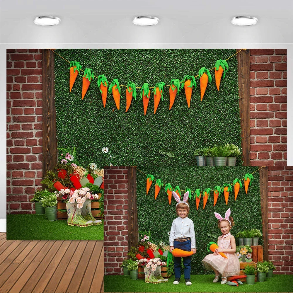 Easter Day Home Party Decoration Photography Background Green Lawn  Carrot Flower Garden Backdrop Children Portrait Studio Photo