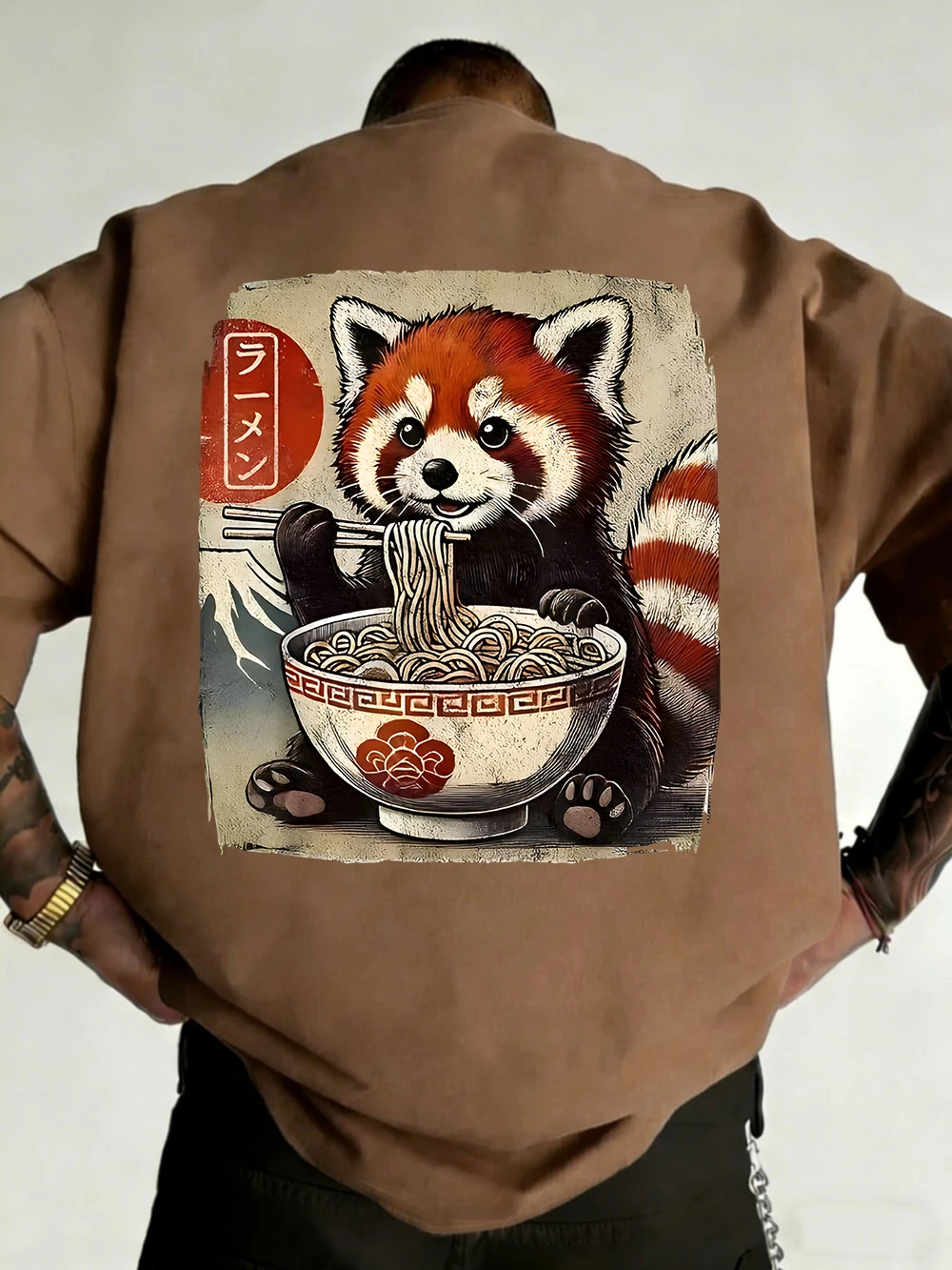 Red Panda Cat Ramen Noodles Printed Cotton T-Shirts Mens Summer Short Sleeve T Shirt Soft Oversized O-Neck Tops Basic Clothes