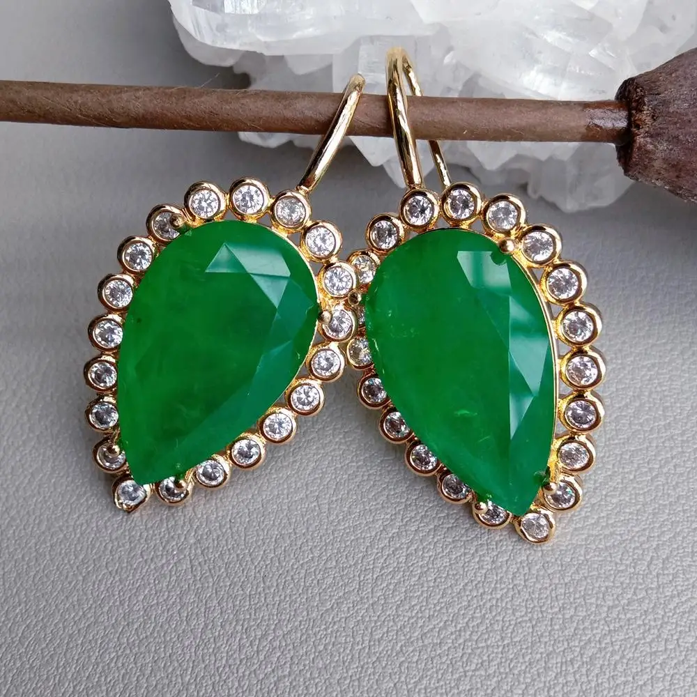 YYGEM 21x31mm Boho Drop Earrings Green Quartz Clear Cz Teardrop Hook Dangle Earring Jewelry