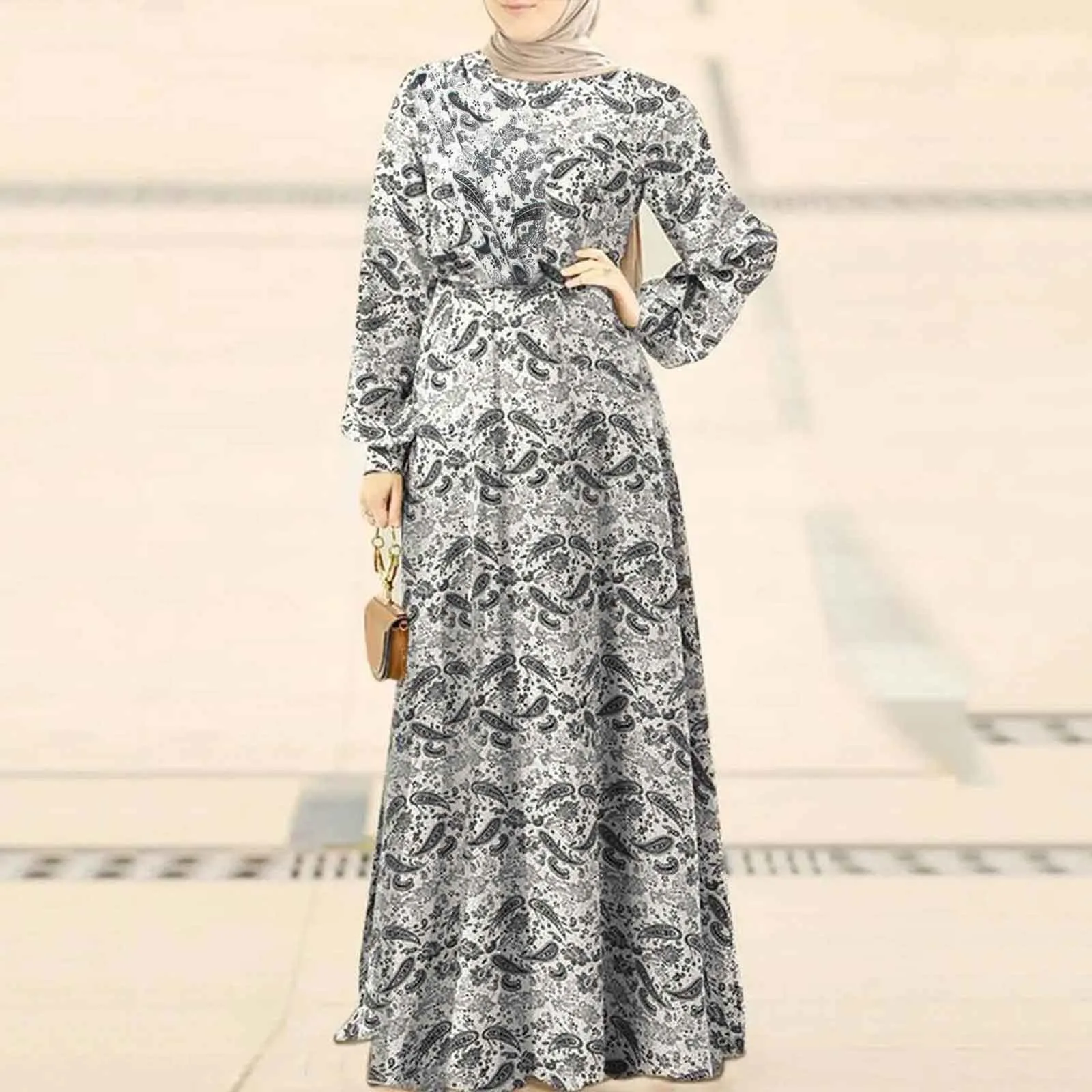 2024 Ramadan Dress Fashion Printed Waisted Pleated Back Zip Long Dress Muslim Woman Dresses Loose Dubai Abaya Islamic Dresses