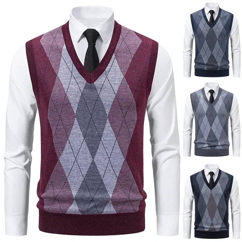 New Men's V-neck Knitted Sweater Warm Autumn Winter Casual Fashion Diamond Grid Twisted Flower Design Versatile Knit Top