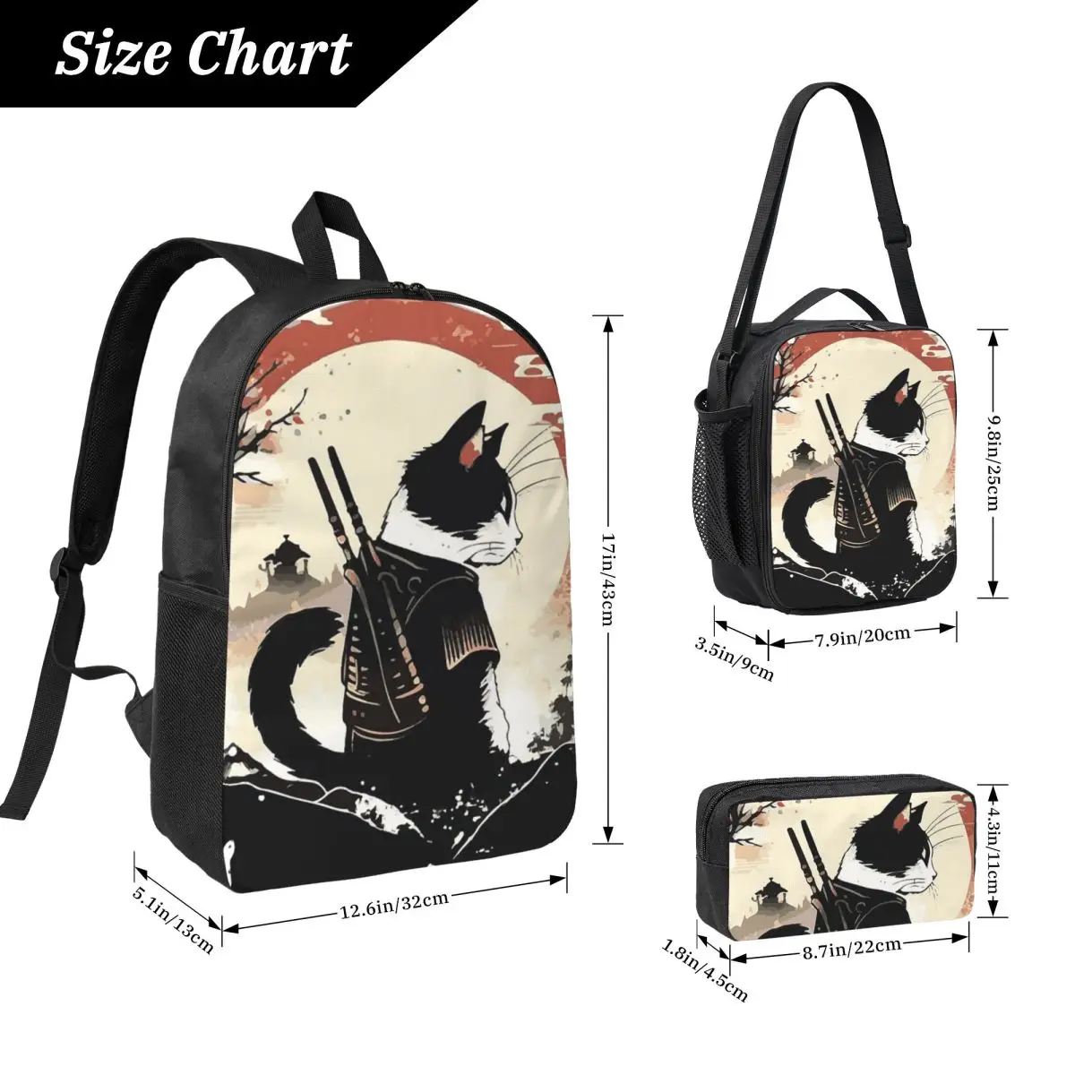 Cats Anime Samurai Sword Backpack Boys Girls BookBag School Bag Computer Shoulder Bags 3ps Insulated Lunch Bag Pencil Case