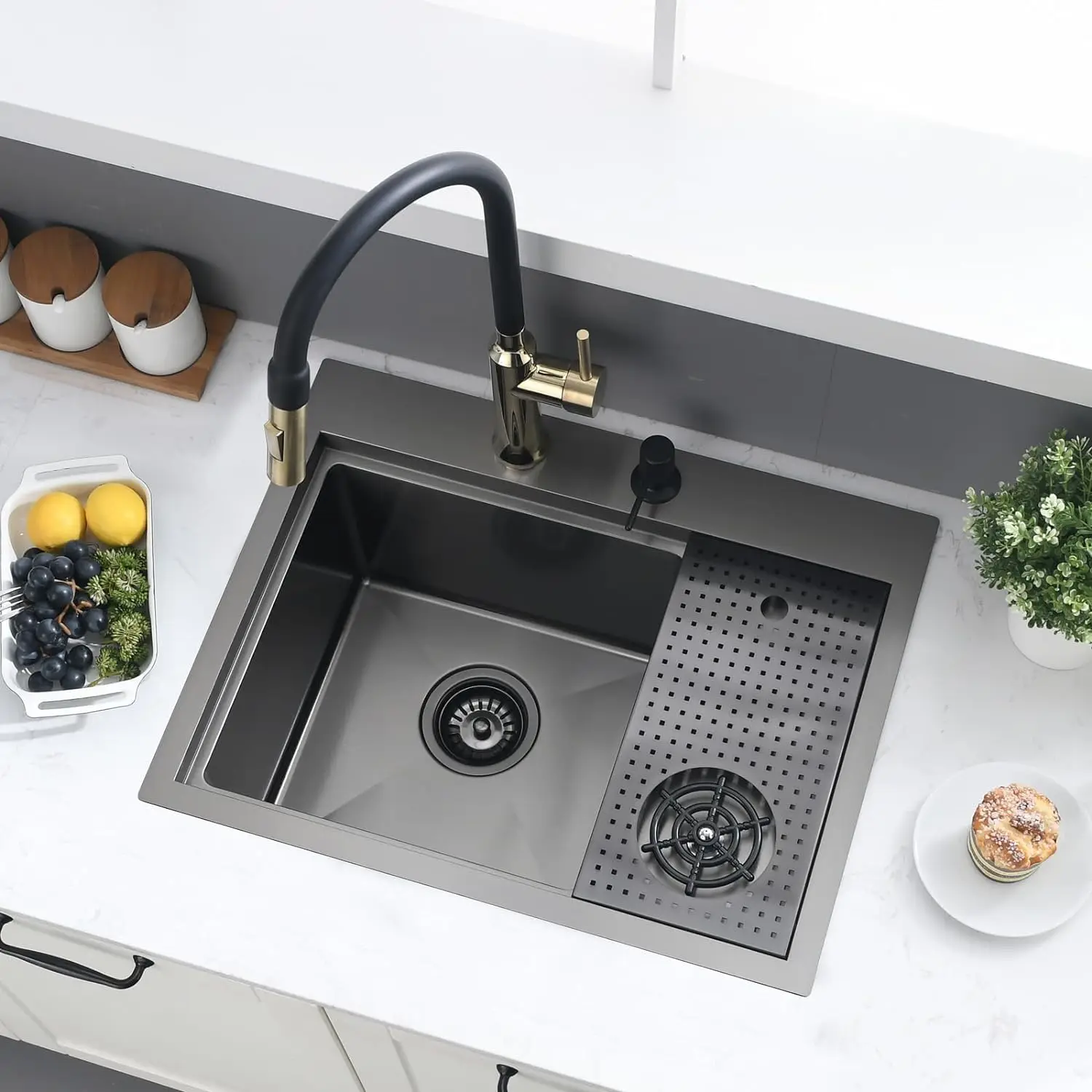 Matte Black Stainless Steel Topmount Workstation Sink 27 Inch Black Drop in Kitchen Sink With Glass Rinser