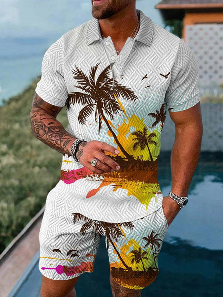 Men Suits Coconut Trees 3D Print Beach  Button Polo Shirt + Shorts Two Piece Set Soft Fashion Casual Men Clothing Tracksuit Set