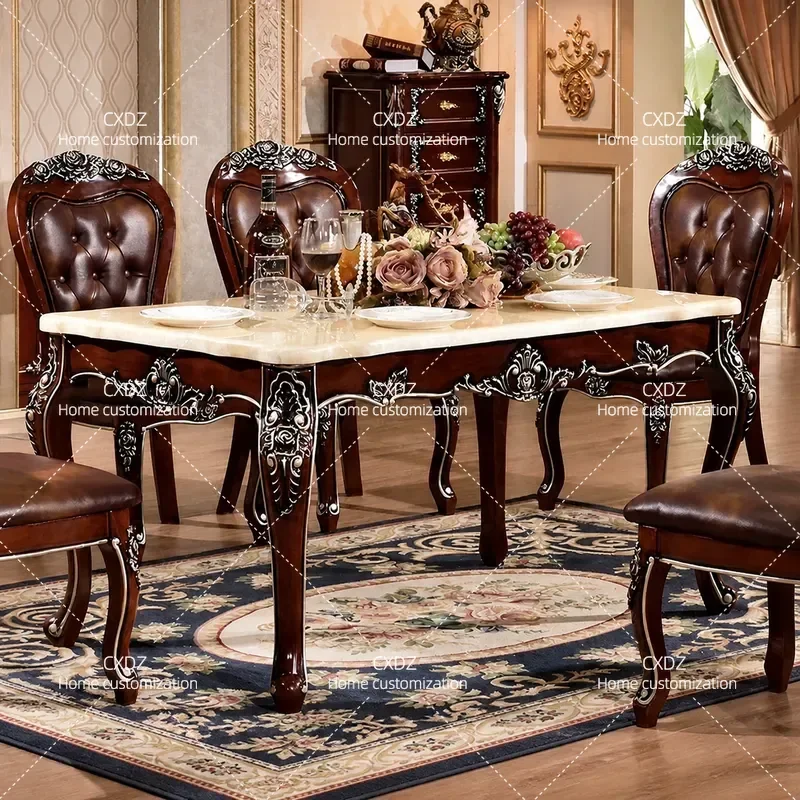Solid Wood Dining Table Set with Marble Top Modern Square Rectangular Table and Chairs for 6 People Small Apartment Western