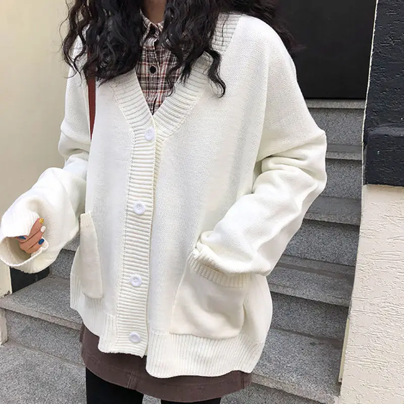 Cardigans Women Solid Simple Basic Sweater Kawaii Preppy Style Casual Long Sleeve V-neck Loose Outerwear All-match Autumn Hot