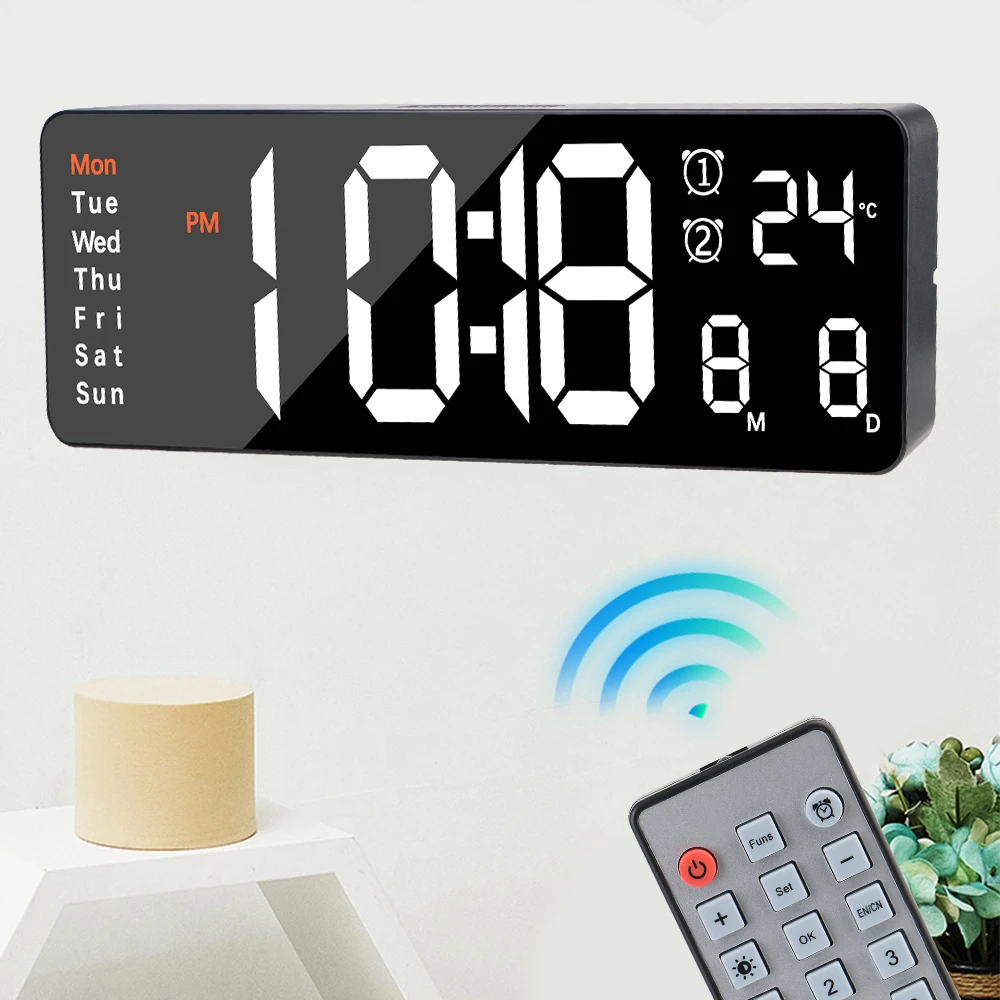 Large Digital Wall Clock Power Off Memory Table Clock Remote Control Wall-mounted Temp Date Week Display Dual Alarms LED Clocks