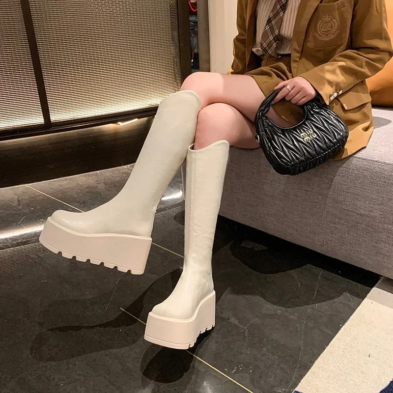 Botas largas hasta la rodilla de 8,5 CM para mujer, zapatos gruesos de cuero con plataforma y tacón alto, novedad de invierno