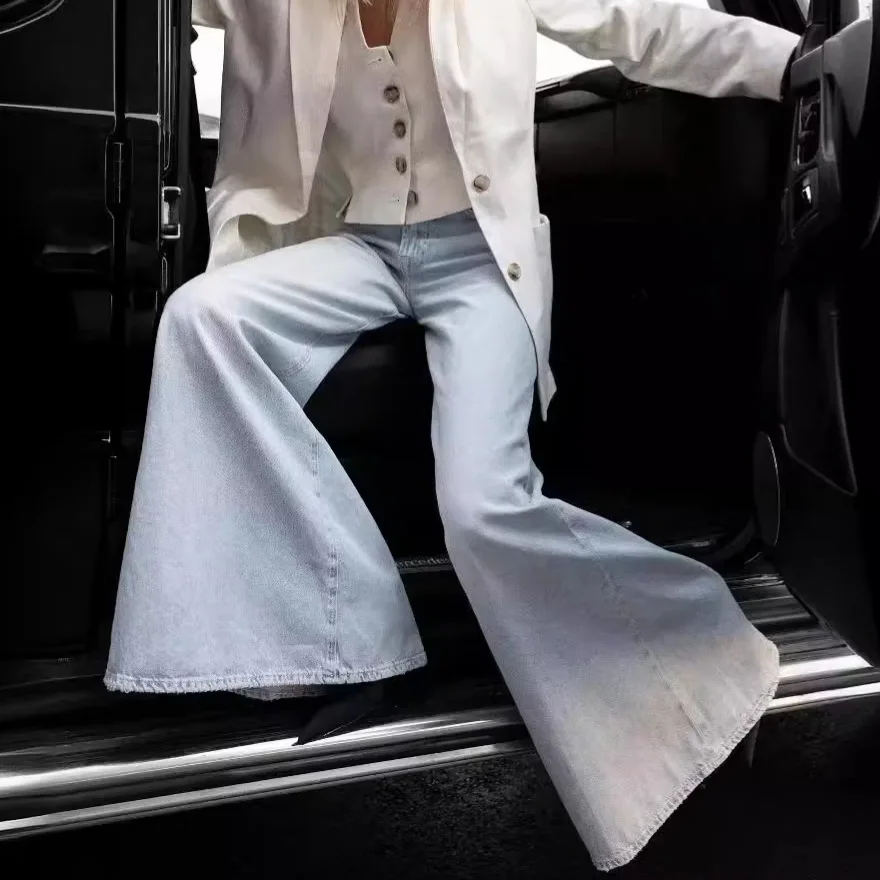 

2025 Американские популярные девушки с низкой талией, свободные утягивающие широкие джинсы, женские потертые и универсальные повседневные расклешенные джинсы длиной до пола