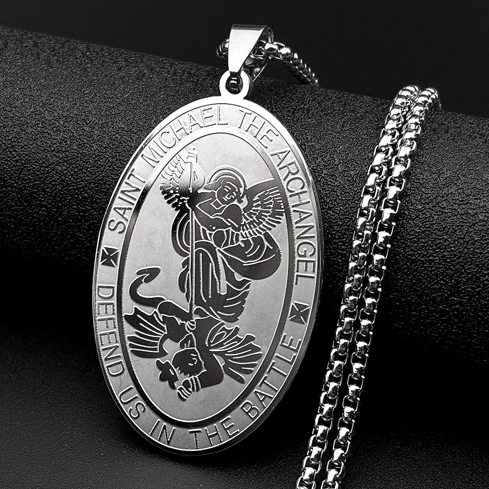 Saint Michael Necklaces Archangel Defend Us In The Battle Stainless Steel Oval Pendant Necklace Gold Color Christian Jewelry
