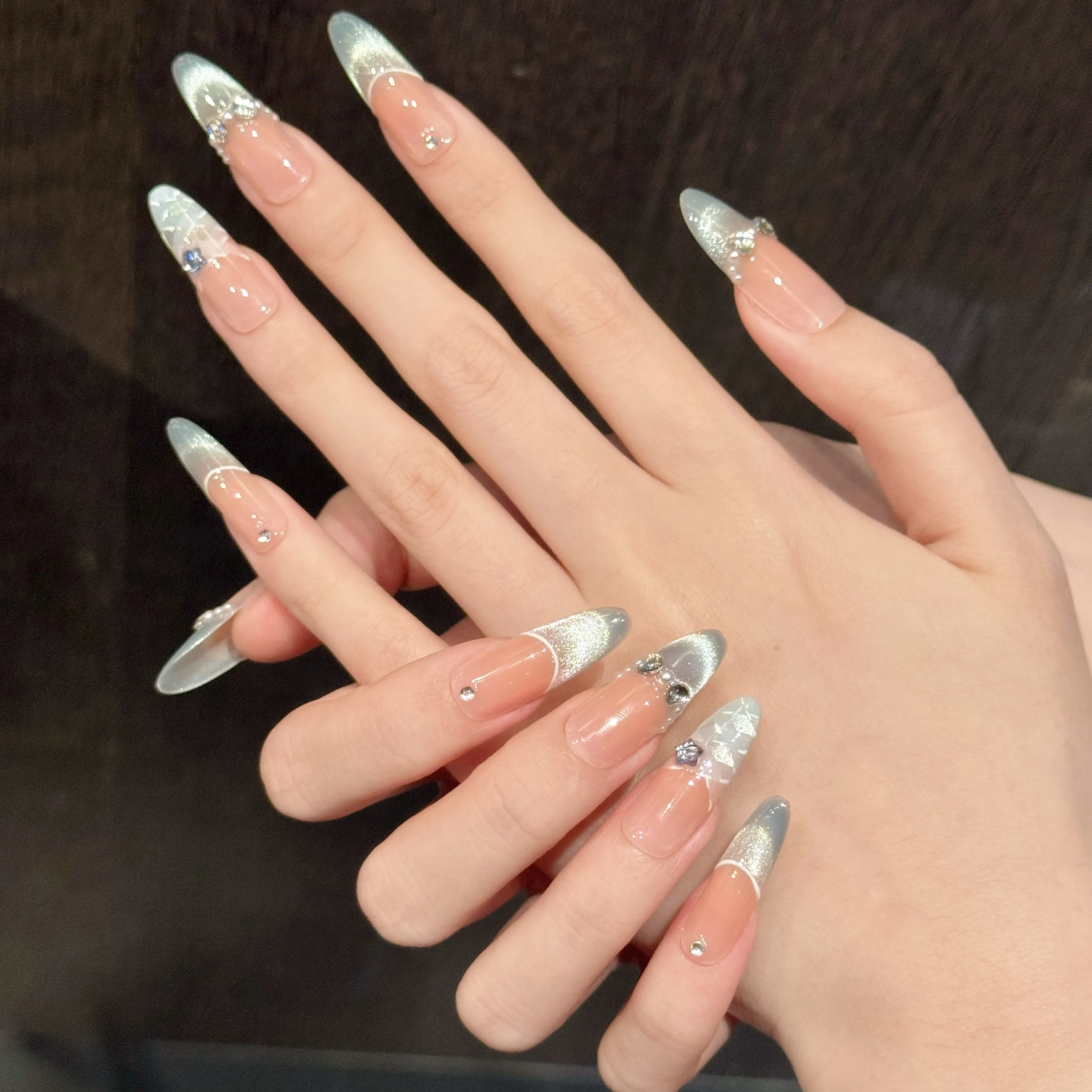 

10Pcs Glitter Blue Cat's Eye French Handmade Fake Nail Tips Wearable Long Almond False Nail Art Press on Nails With White Lines