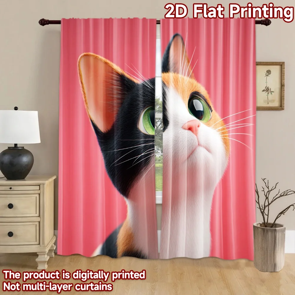 2D flat printing 2pcs Party Curtains Calico Cat Cute Animal Digital Printed Polyester Drapes Party Decorations for Indoor 6