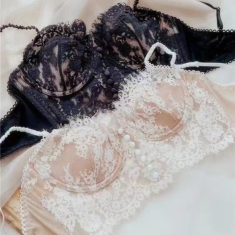 French eyelash lace bra pull up with underwire thin U-shaped backless sexy bra cover