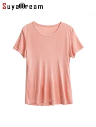 SuyaDream Women Solid T Shirt 23%Silk 77%Viscose O Neck Soft Short Sleeves Chic Tee 2021 Spring Summer Pink Cozy Top