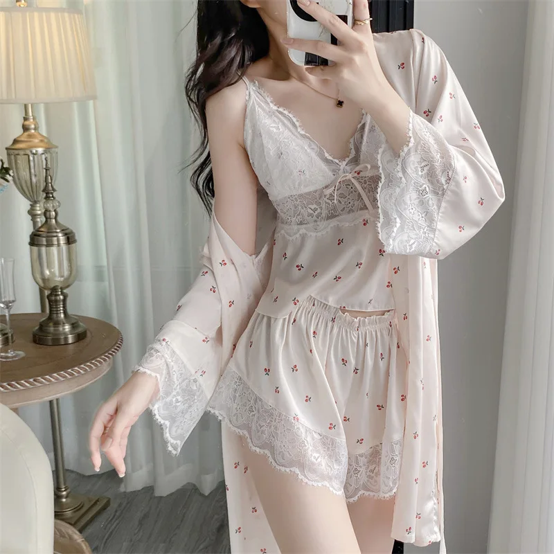 3PC Lace Pajamas Set Women Strap Top&Shorts&Bathrobe Sleep Suit Lingerie Summer Print Sleepwear Rayon Pyjamas Home Clothes