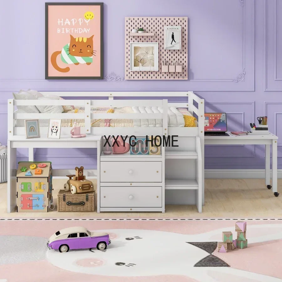 Full Size Loft Bed with Desk and Drawers,Multifunctional Wooden Loft Bed with Lateral Portable Desk,Easy Assembly,Kids bedroom