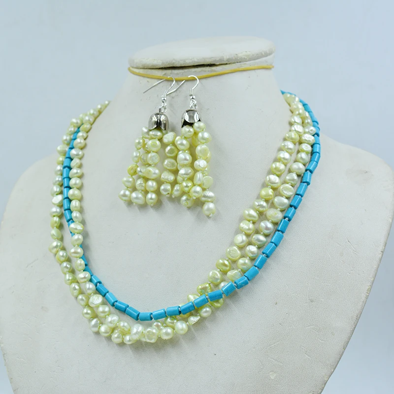 3 strands 6mm natural baroque pearls, semi-precious stone necklace earrings suit for women beautiful gift 19