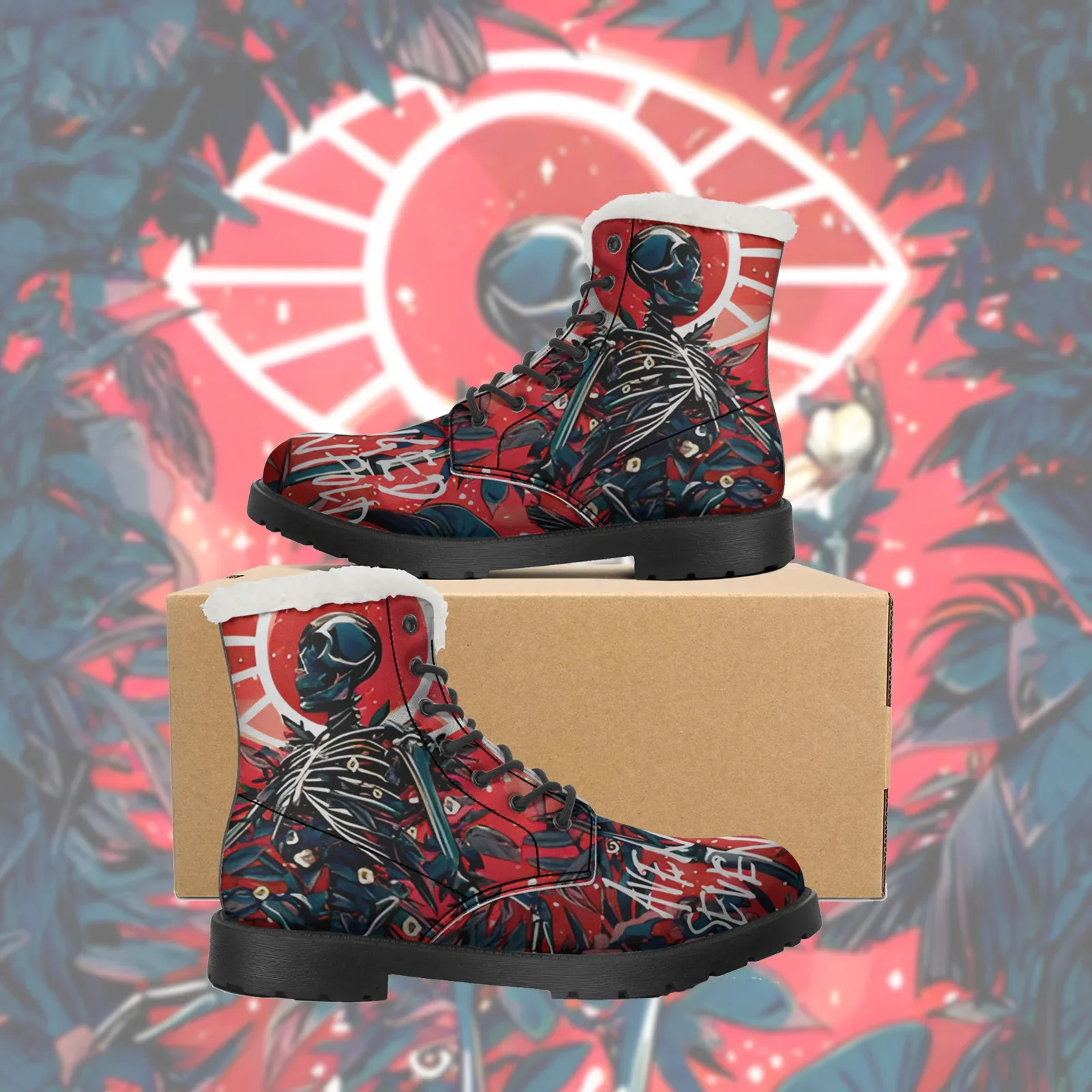 Black heavy metal skull print street style plush boots for men and women casual boots lightweight and warm snow boots