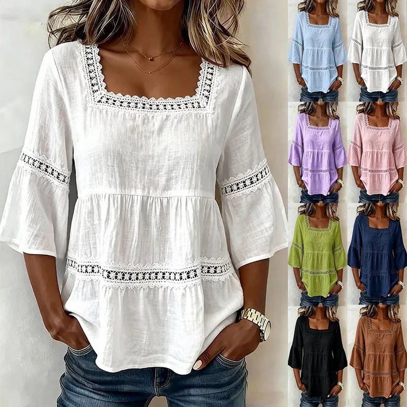 Women Tops Square Collar 3/4 Sleeves Solid Color Loose Fit Soft Stretchy Blouse Lace Splicing Design Casual Tops Women Shirt