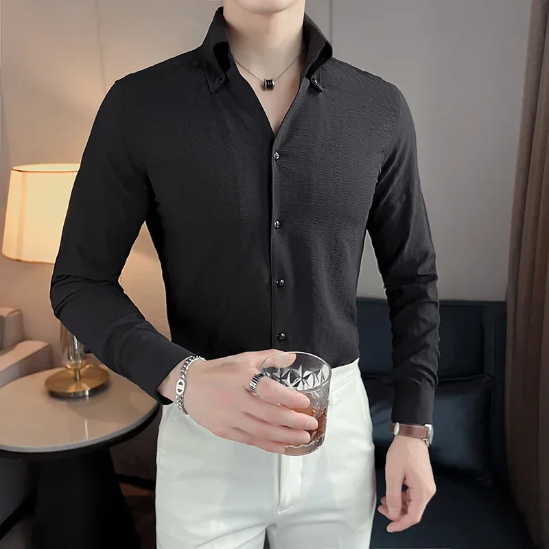 

Luxury Business Formal Men Dress Shirts Long Sleeved V-Neck Slim Men's Striped Shirt Club Prom Camisas De Hombre Plus Size 4XL