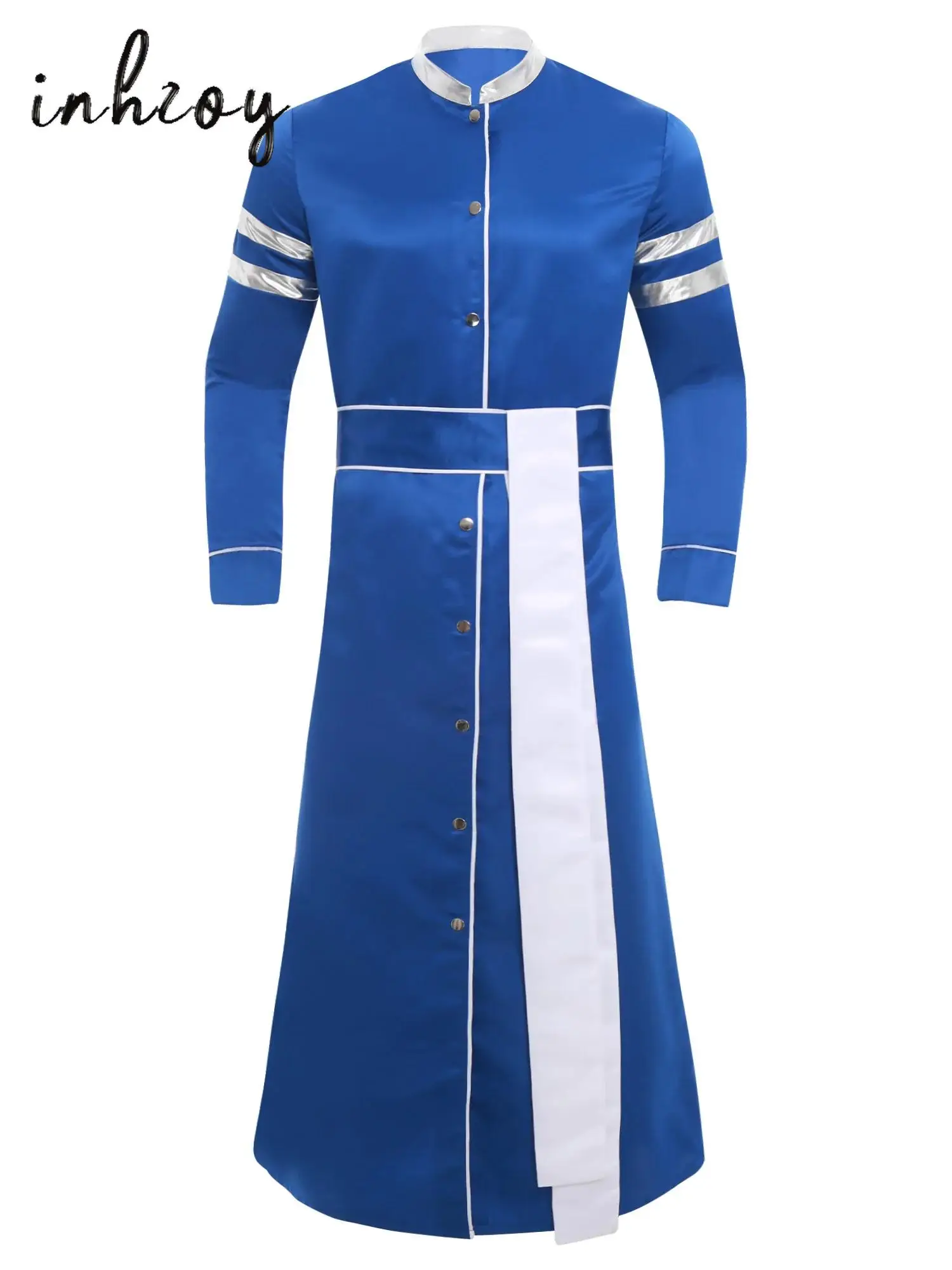 

Mens Priest Cosplay Costume Robe Grown with Belts Stand Collar Long Sleeve Front Button Metallic Shiny Spliced Cassock Vestments