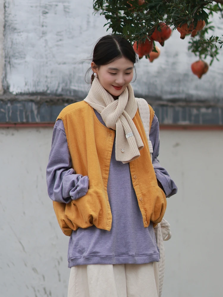 

Женский жилет из чистого хлопкового вельвета, осенняя новинка, свободный крой, с круглым вырезом, складной дизайн