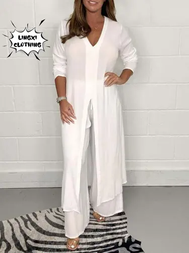 Imagen 2 del producto Conjunto de dos piezas de talla grande para mujer, colección elegante a juego, pantalones de pierna ancha de cintura alta, conjunto de dos piezas, 2023