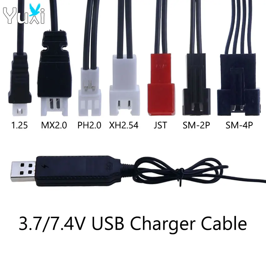 YuXi 3,7V 7,4V Lithium-Akku USB-Ladekabel 1,25mm MX2.0 PH2.0 XH2.54 JST SM 2P 4P Stecker für RC-Flugzeuge, Helikopter und Spielzeug