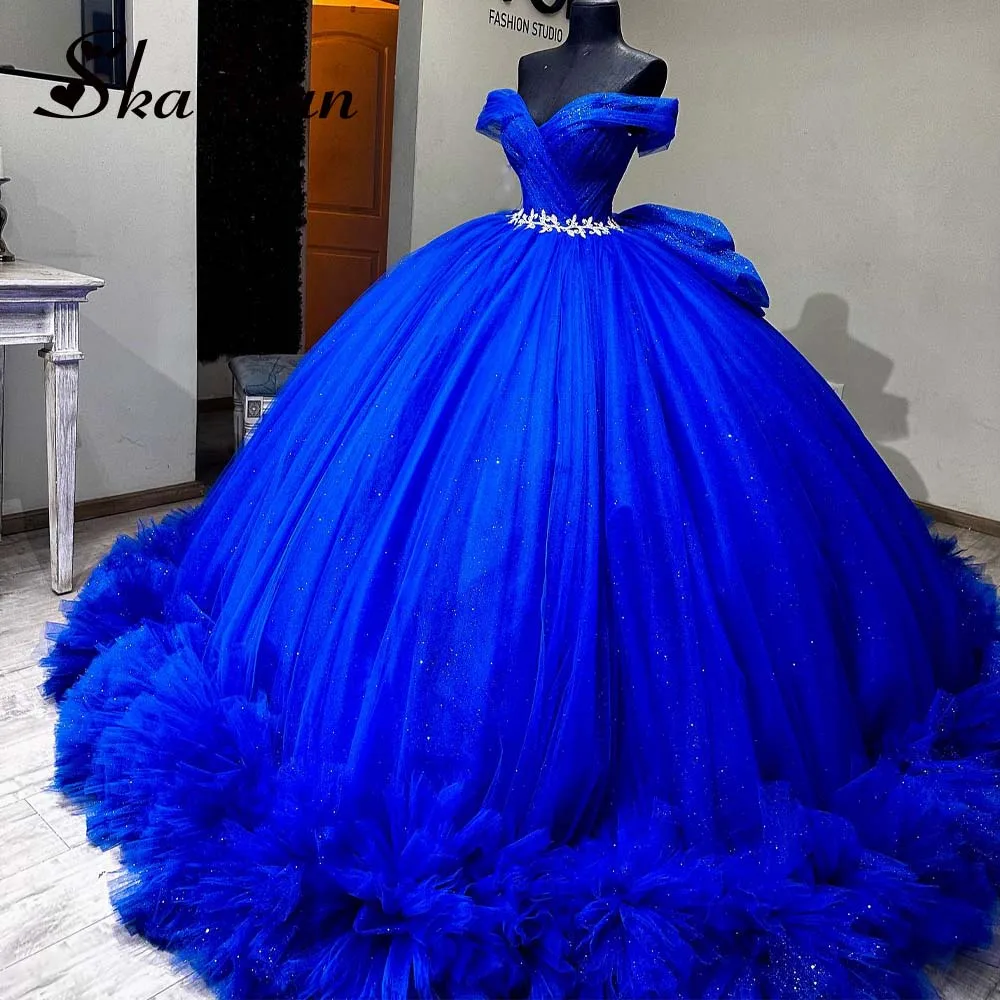 Skallean elegante vestidos quinceanera para menina strass fora do ombro com decote em v ruched robe princesse bleu femm personalizado