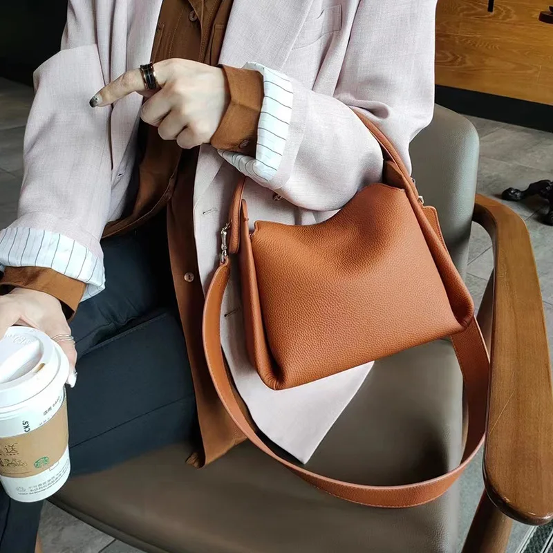 Elegant 100% Natural Togo Cowhide Leather Tote Wide Straps Female Shoulder Bag Grey Black Doctor Bag Luxury Girl Handbag