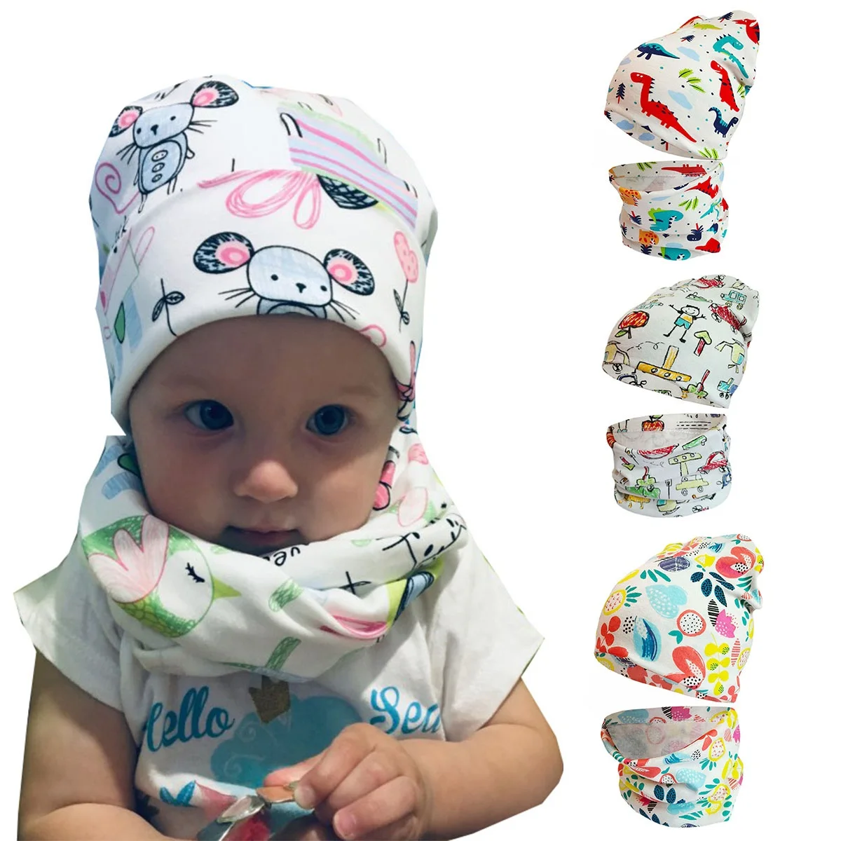 2 PCS Autumn Baby Hat Scarf Set Cartoon Pattern Baby Beanies Cap Boy Girl Spring Fall Winter Hats Infant Toddler Bonnet