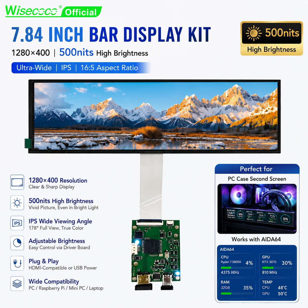 Wisecoco-Raspberry pi 4 aida64用のLCDディスプレイ,1280x400 px,IPS,ワイド,7.84インチの二次監視画面