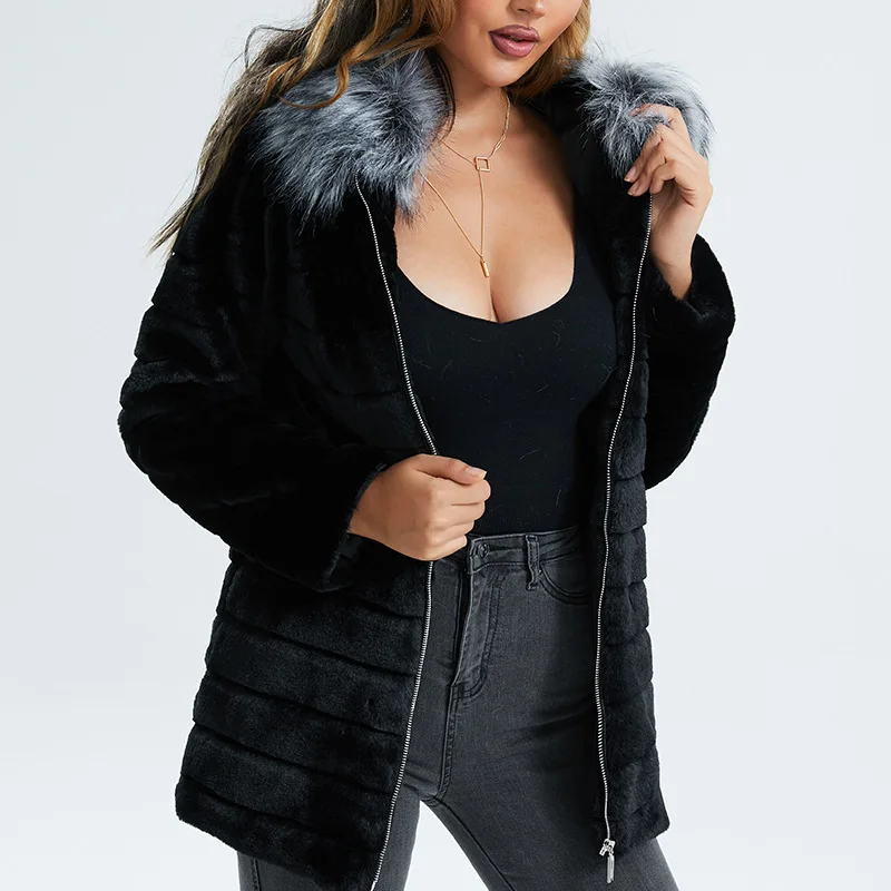 

Women's Hooded Mid-Length Faux Fur Coat, Thick Imitation Fur, Long Sleeve, Slim Elegant Coats, Black Zipper, Winter Fashion, New