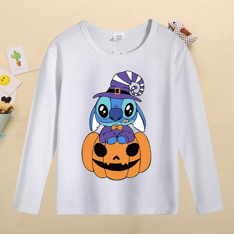 New Stitch Halloween Kids Tops Kawaii Cartoon Graphic T Shirts Boys Girls Casual Sports Long Sleeved T-shirt Children\'s Clothing