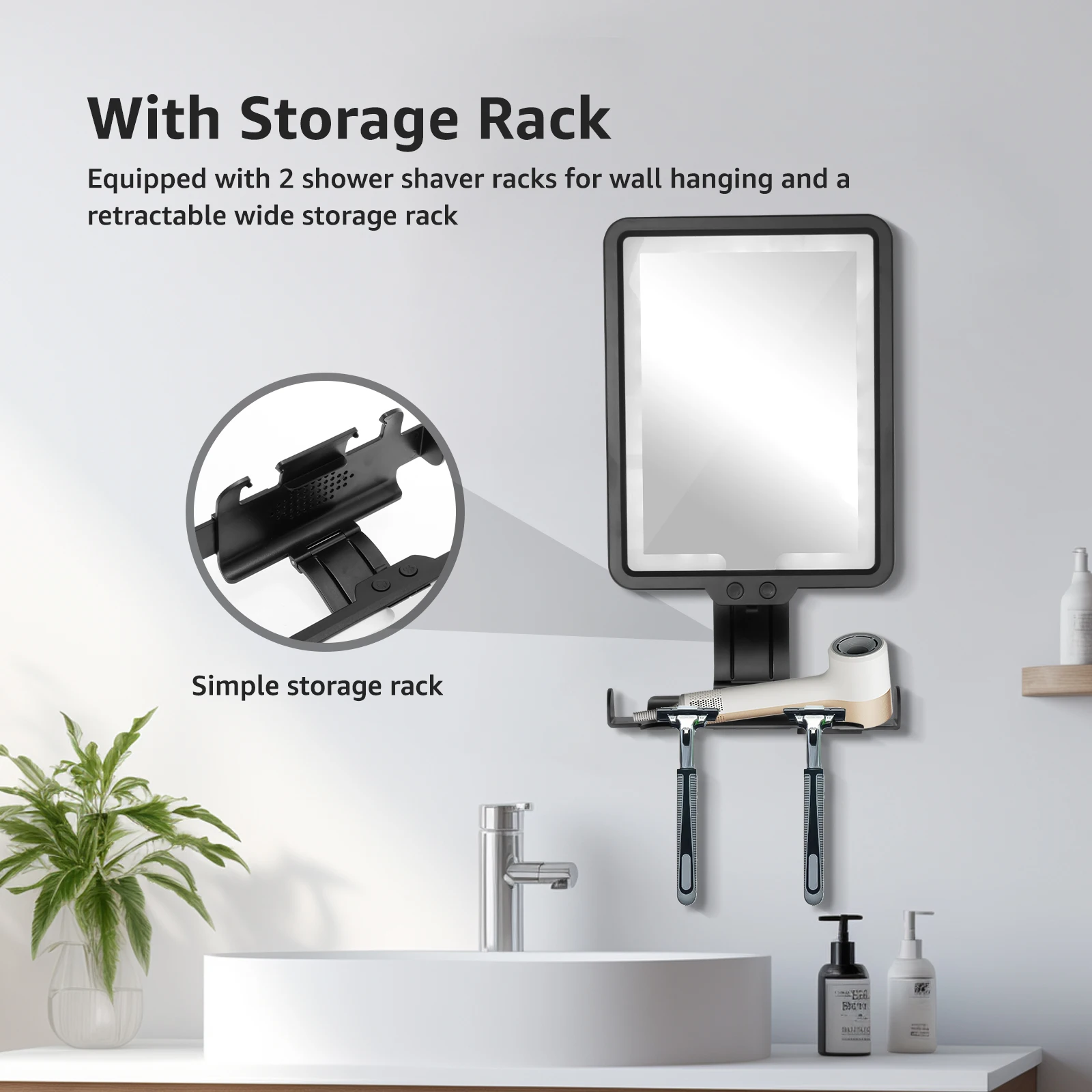 مرآة دش ساخنة بدون ضباب للحلاقة، مرآة دش مضادة للضباب قابلة لإعادة الشحن مع 3 أضواء ملونة وسطوع قابل للتعديل #3