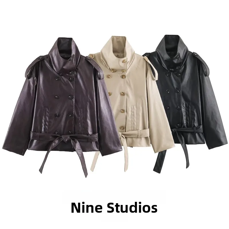 Double-Row Button PU Leather Jacket with Waist Belt Women's Outerwear Faux Leather Coat Long Sleeve Regular Length Coat