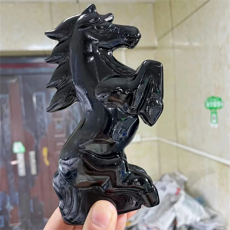 

15CM Natural Blakc Obsidian Horse Carving Healing Polished Gemstone Crafts For Home Decoration Holiday Gift 1pcs