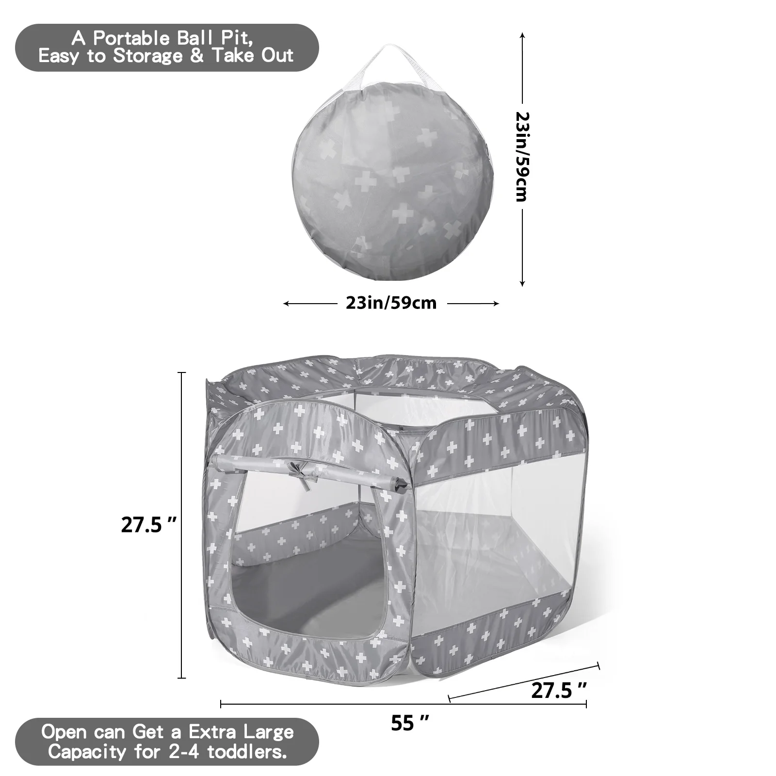 Tente de jeu grise à 6 faces pour enfants, fosse à balles, avec différents motifs, tente de jeu intérieure et extérieure, excellent cadeau, non incluse