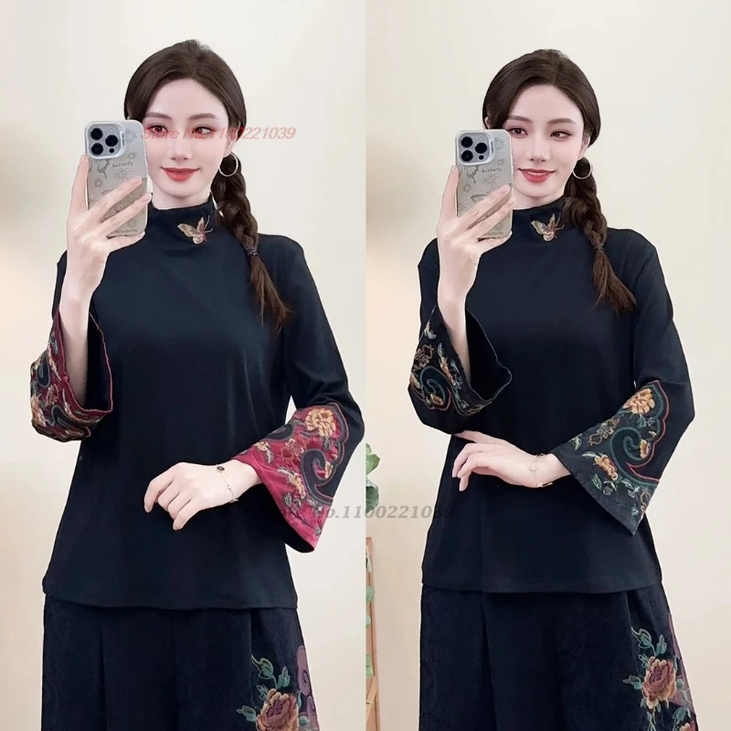 

Китайская традиционная рубашка 2025 года, национальная цветочная вышивка, воротник-стойка, этническая рубашка, уличная одежда в стиле ретро, рубашка на народной основе, топы ханьфу