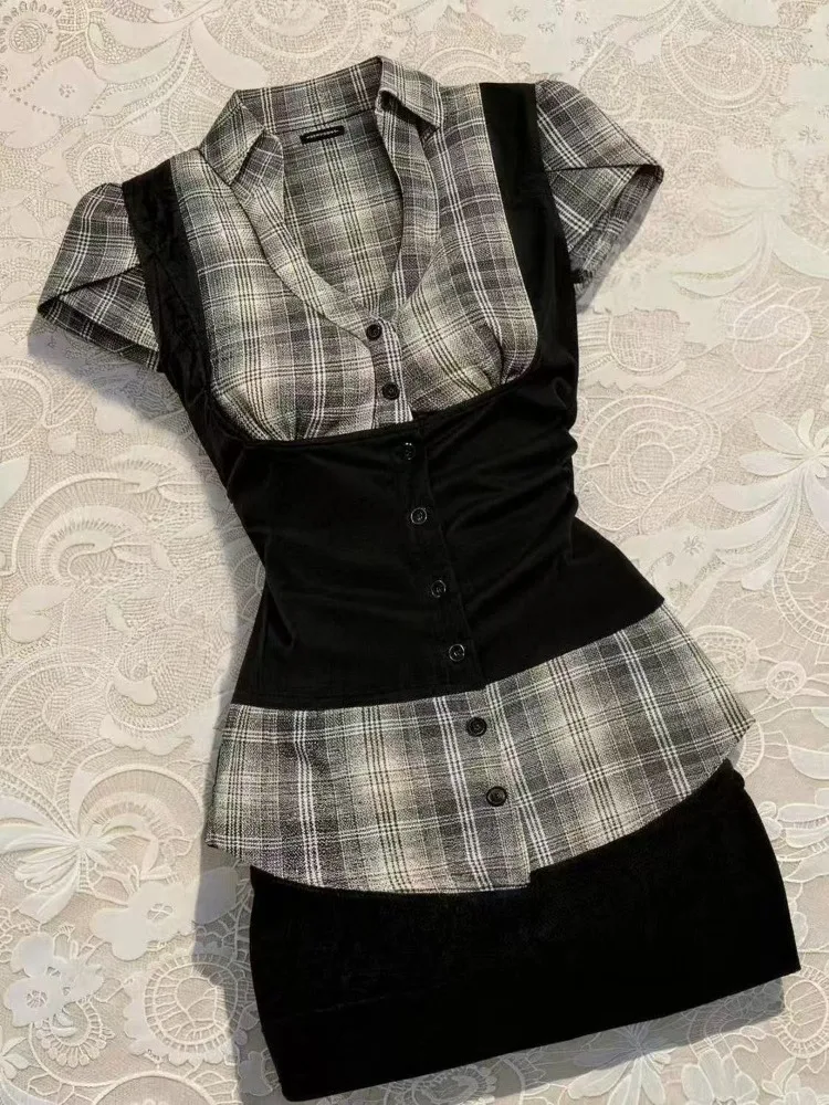 Retro Spicy Girl Patchwork Two Piece Set Women Chic Plaid Shirt Top + Skirt Siot Y2k Faux Two-piece Design Sets 2026 Summer New
