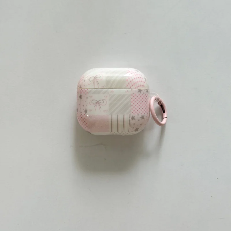 Ins Stitching Style IMD Pink Earphone Case with Ring for Airpods 1, 2, 3, 4, Pro, Pro2, Pro3