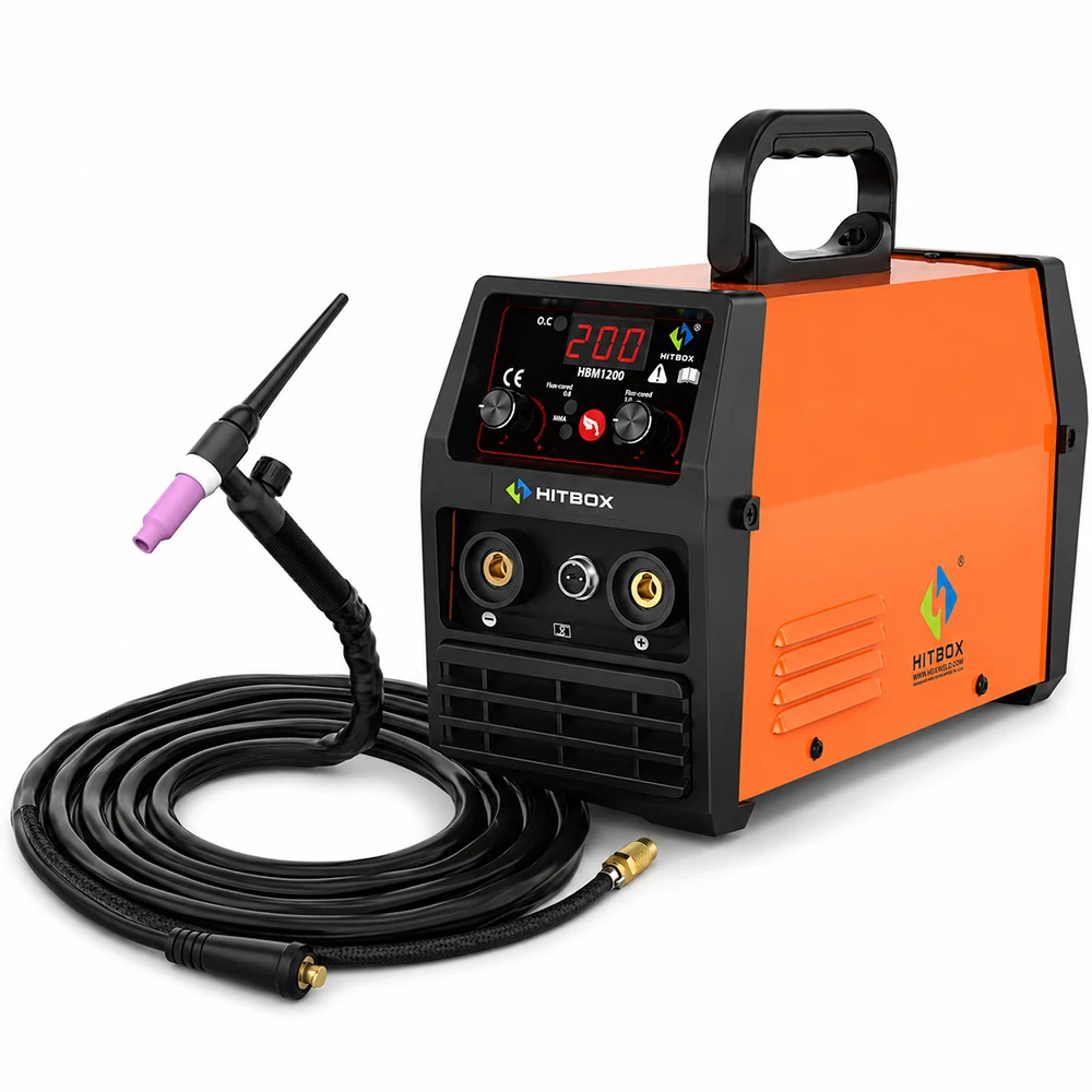 HITBOX 200A MIG-Schweißgerät mit 17V TIG-Brenner 220V HBM1200 3-in-1 Halbautomatisches Schweißgerät Stick/ARC/MMA Gasloses MIG Lift TIG Inverter-Schweißgerät für 2lb 0,8/1,0mm Flussmittel-Draht