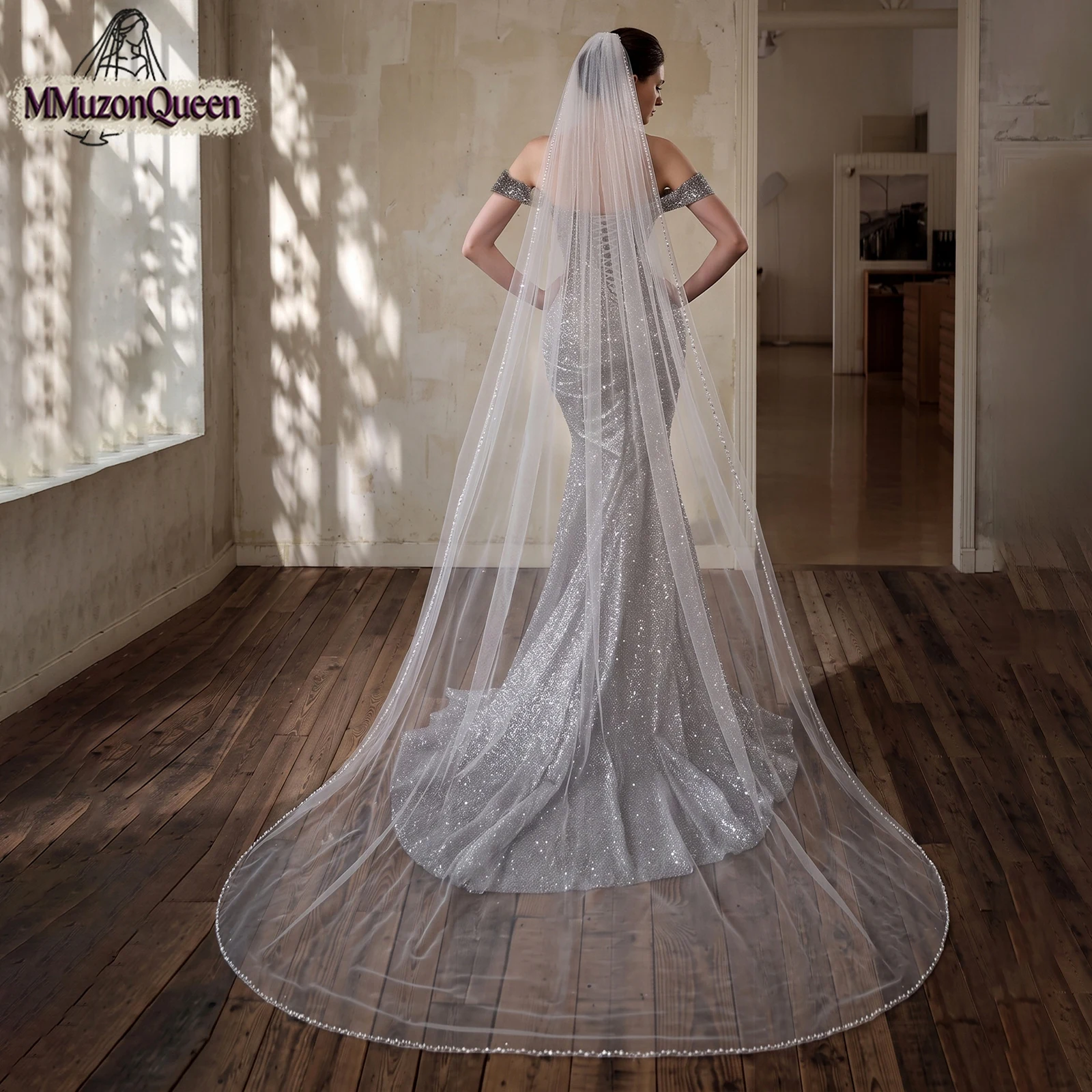 TOPQUEEN Crystal Bead Edge Velo De Novias Catedral With Sequin Velo De Novia Largos Wedding Accessories Women'S V136