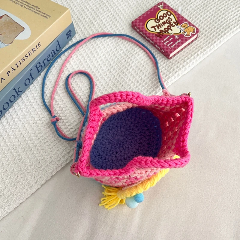 Summer Beach Bag For Women Mesh Rope Knitted Bucket Shoulder Bags Cute Girls Crochet Handbag Versaile Mini Crossbody Phone Purse
