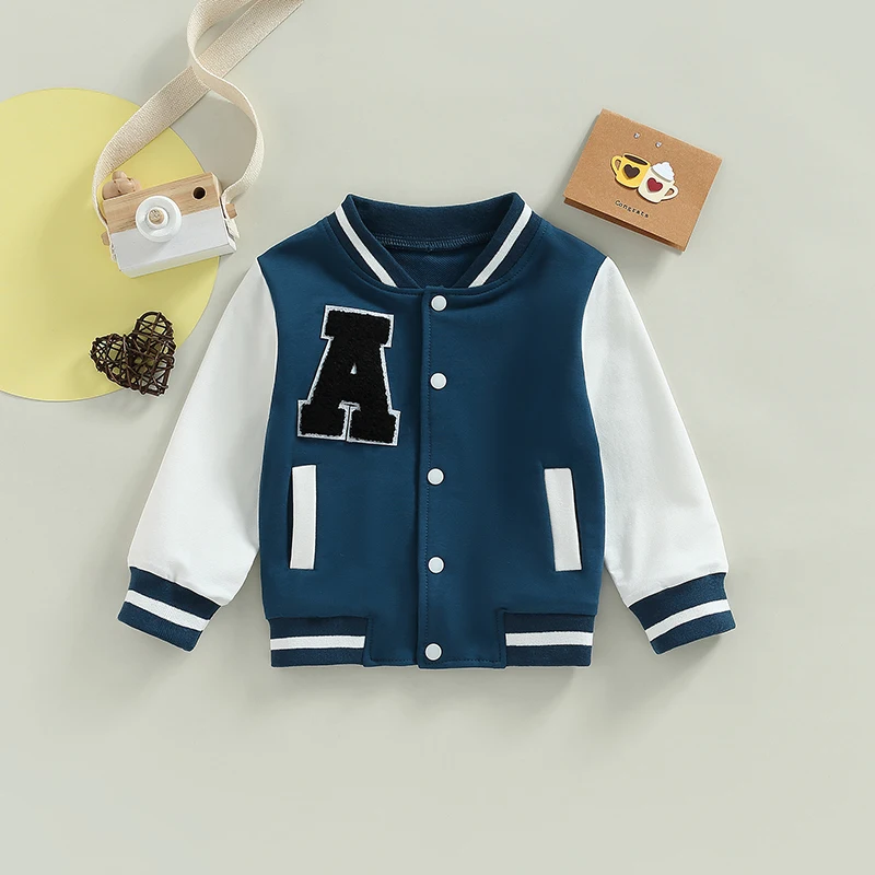 Unisex Varsity-jassen voor kinderen, baby's, alfabetprint, kleurblok, lange mouwen, button-up jas, herfst-winter bovenkleding, jas