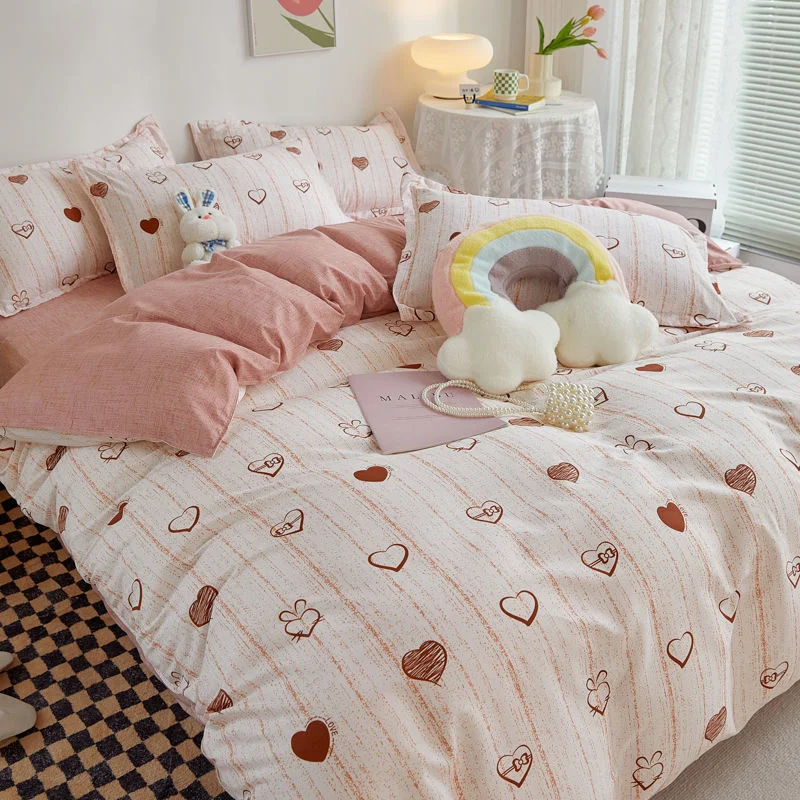 INS Loving Heart Duvet Cover Bed Sheet Pillowcases Twin Full Double Size Bear Bedding Set Decor Home For Kids Girls